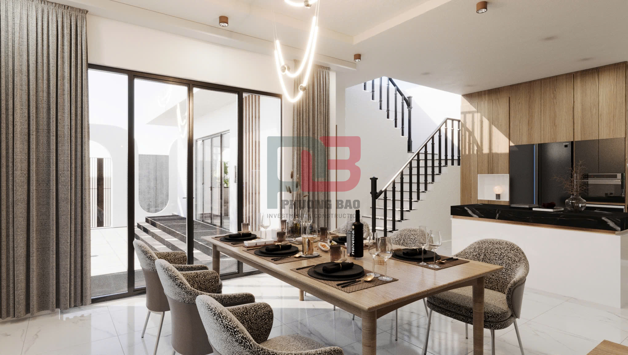 Không gian phòng ăn nhà phố hiện đại – Bàn ăn gỗ dài, ghế bọc nệm sang trọng, thiết kế mở kết nối sân trong và bếp, tận dụng ánh sáng tự nhiên, phong cách tối giản, thi công nội thất bởi Phương Bảo JSC.